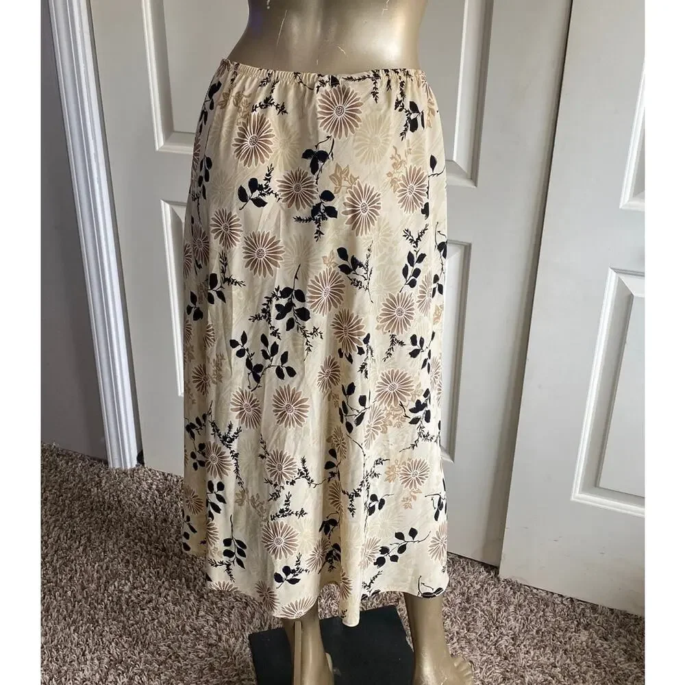 Kathie Lee Vintage Floral Midi Skirt 14 Yellow Black Sunflowers Elastic Waist